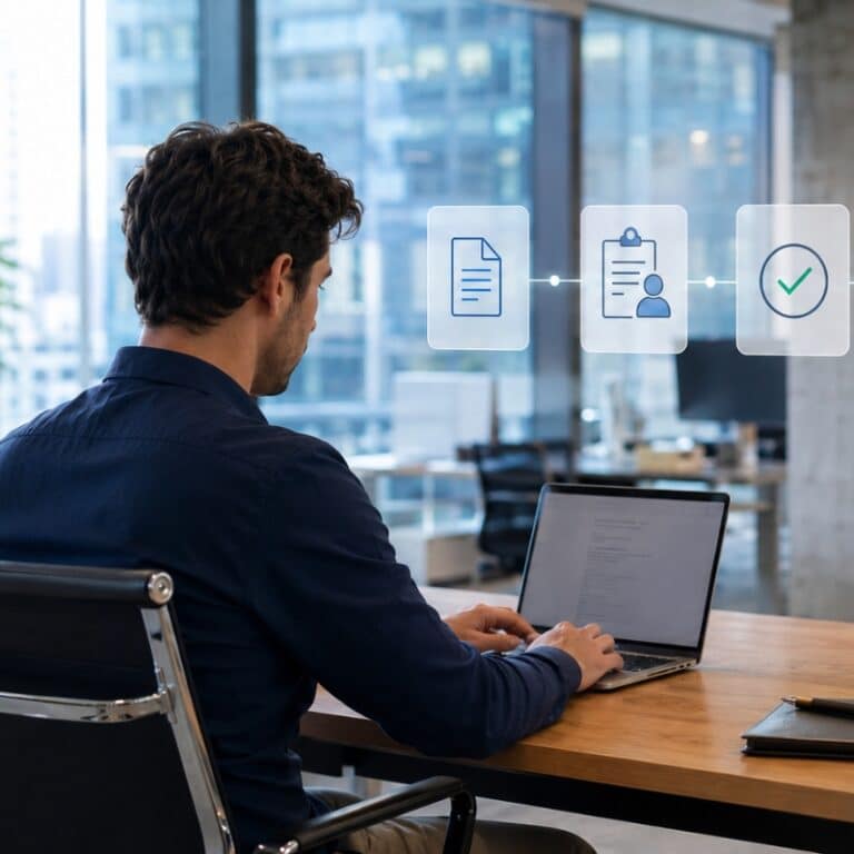 Man working on computer symbolising workflow automation